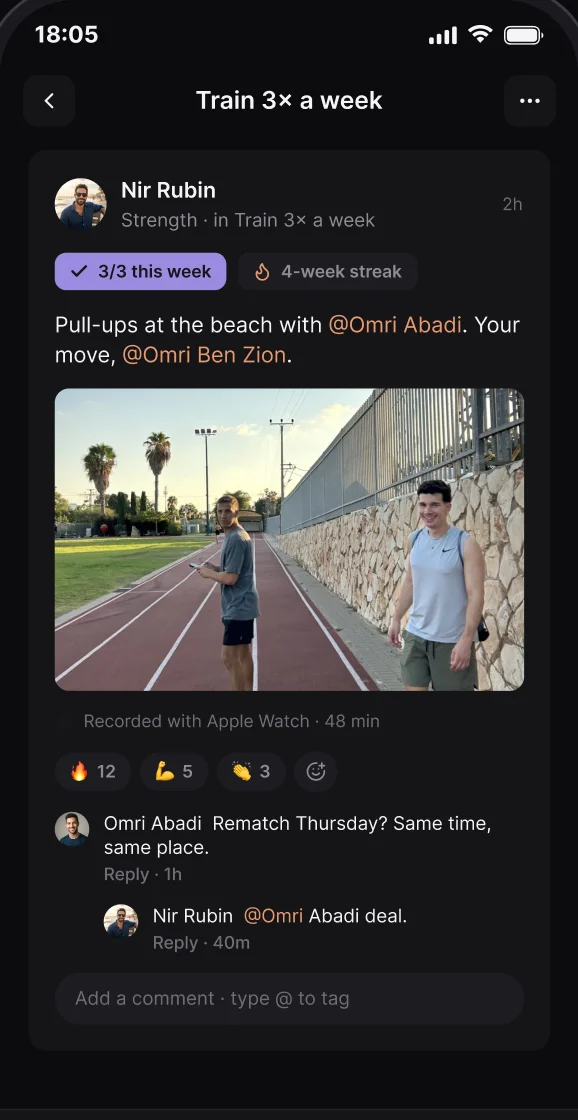 A crew feed post: Nir logged pull-ups at the beach, 3 of 3 this week, with reactions and replies.